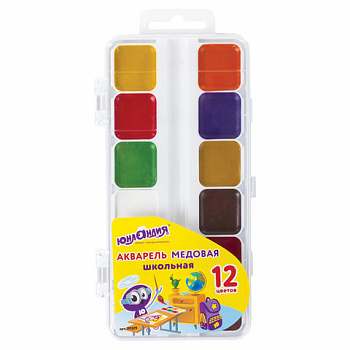 Краски акварельные ЮНЛАНДИЯ "ШКОЛЬНЫЕ", медовые, 12 цветов, КЛАССИЧЕСКИЕ, пластик