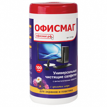 Салфетки для экранов всех типов и пластика ОФИСМАГ с ароматом "АСТРА", туба 100 шт., влажные