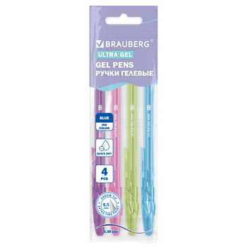 Ручки гелевые "BRAUBERG ULTRA GEL PASTEL", СИНИЕ, НАБОР 4 ШТУКИ, стандартный наконечник 0,5 мм, линия письма 0,35 мм