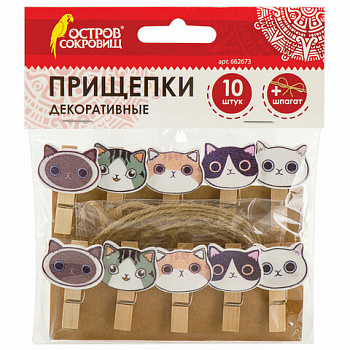 Прищепки декоративные "Котики", 10 штук, 3,5 см, ассорти, со шпагатом, ОСТРОВ СОКРОВИЩ