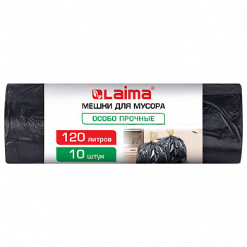 Мешки для мусора с завязками 120л черные в рулоне 10шт особо прочные ПВД 65мкм 70x95см, LAIMA