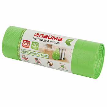 Мешки для мусора биоразлагаемые 60 л зеленые в рулоне 20 шт. прочные, ПНД 15 мкм, 60х70 см, LAIMA