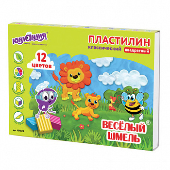 Пластилин классический ЮНЛАНДИЯ "ВЕСЁЛЫЙ ШМЕЛЬ", 12 цветов, 204 г, СО СТЕКОМ, КВАДРАТНЫЙ