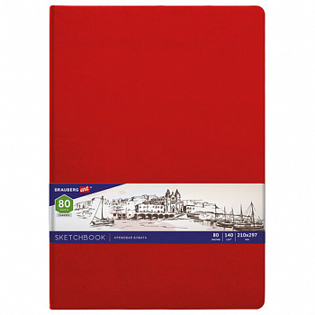 Скетчбук, слоновая кость 140 г/м2 210х297 мм, 80 л., КОЖЗАМ, резинка, BRAUBERG ART CLASSIC, красный