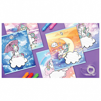 Тетрадь 12 л. ПЗБМ клетка, блестки, "Единорожки" (5 видов)