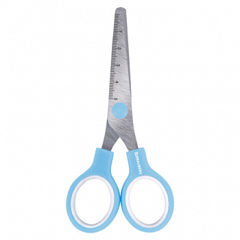 Ножницы BRAUBERG KIDS 130 мм, ручки небесно-голубые, закругленные лезвия с линейкой