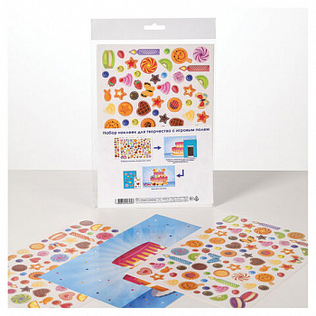 Наклейки бумажные с игровым полем НАБОР 2 листа, 184 наклейки, "Сладкое настроение", HATBER, 2Н5н