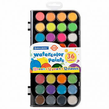 Краски акварельные BRAUBERG "PREMIUM" 36 цветов (12 базовых + 12 неоновых + 12 металлик) пенал