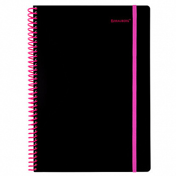 Тетрадь обложка пластик, А4 80 л., спираль пластик, резинка, клетка, BRAUBERG, черный/розовый
