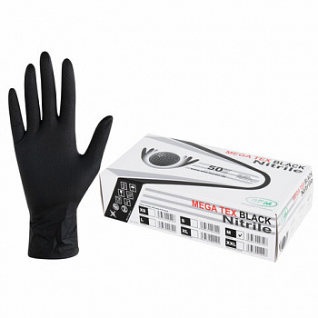 Перчатки нитриловые сверхпрочные с текстурой SFM MEGA TEX BLACK, Германия, 25 пар (50 штук), размер 7-8 (средний)