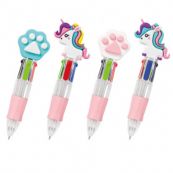 Ручка мини многоцветная с топпером шариковая автоматическая 4 ЦВЕТА FUNSTER "MIX", ассорти, пишущий узел 0,7 мм, линия письма 0,35