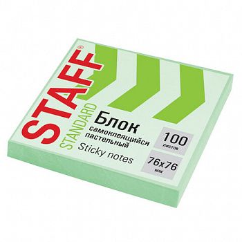 Блок самоклеящийся (стикеры) STAFF STANDARD, ПАСТЕЛЬНЫЙ 76х76 мм, зеленый, 100 листов