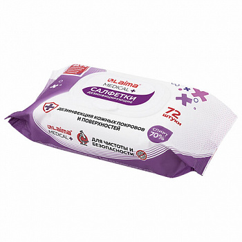 Дезинфицирующие салфетки спиртовые (70%), для рук и любых поверхностей, 72 шт., LAIMA MEDICAL