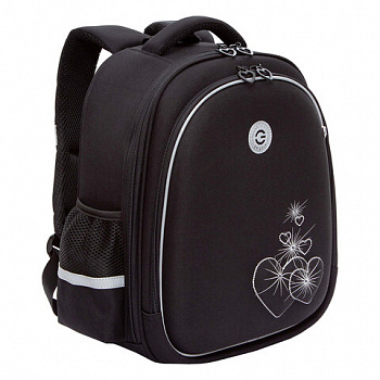 Ранец GRIZZLY анатомическая спинка, c брелоком, для девочек, "HEARTS", чёрный 36х28х20 см, RAz-586-5/1