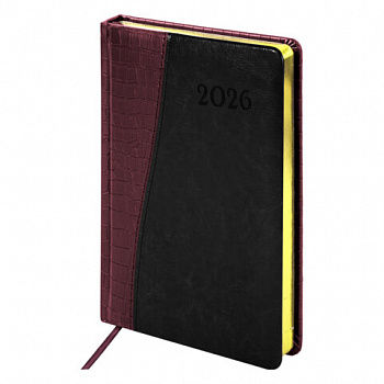 Ежедневник датированный 2026, А5, 138x213 мм, BRAUBERG "Cayman", под кожу, бордовый/черный