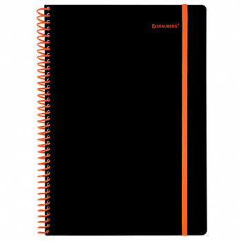 Тетрадь обложка пластик, А4 80 л., спираль пластик, резинка, клетка, BRAUBERG, черный/оранжевый