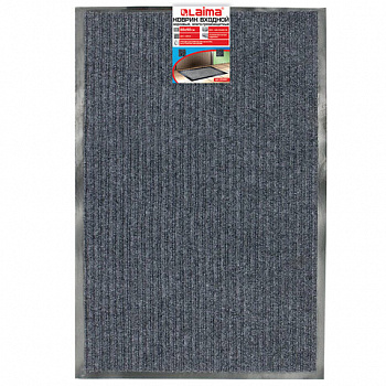 Коврик входной ворсовый влаго-грязезащитный 60х90 см, толщина 7 мм, ребристый, серый, LAIMA