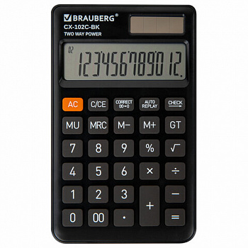 Калькулятор карманный BRAUBERG CX-102C-BK (76x126 мм), 12 разрядов, двойное питание, ЧЕРНЫЙ