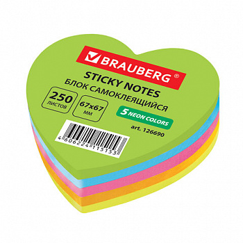 Блок самоклеящийся (стикеры), фигурный, BRAUBERG, НЕОНОВЫЙ "Сердце", 250 листов, 5 цветов