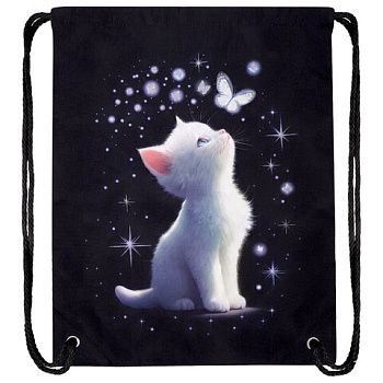 Мешок для обуви BRAUBERG PREMIUM, карман, подкладка, светоотражайка, 43х33 см, "White kitten"