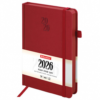 Ежедневник датированный 2026, А5, 138х213 мм, BRAUBERG "Plain", под кожу, резинка, держатель для ручки, красный