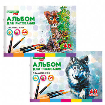 Альбом для рисования, А4, 40 листов, скоба, обложка картон, BRAUBERG KIDS, 200х285 мм, "Зверята" (2 вида)