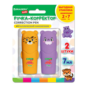 Ручка-корректор 7 мл, ВЫГОДНАЯ УПАКОВКА, КОМПЛЕКТ 2 штуки, BRAUBERG KIDS "ЗВЕРЯТА", металлический наконечник