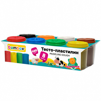 Тесто пластилин для лепки СУПЕР ПЛАСТИЧНОЕ, 8 цветов, 400г, крышки-штампики, BAMBOX (БАМБОКС)