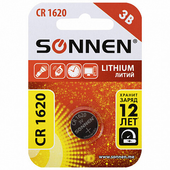 Батарейка литиевая SONNEN Lithium CR1620 "таблетка, дисковая, кнопочная" 1 шт., блистер