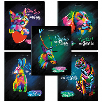 Тетрадь А5, 48 л., BRAUBERG, скоба, клетка, матовая ламинация, выборочный лак, "Animals Pop-Art" (микс в спайке)
