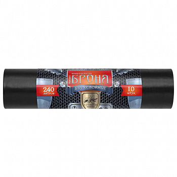 Мешки для мусора 240 л, ПРОЧНЫЕ черные, в рулоне 10 шт., ПВД 60 мкм, 2-х слойные, 100x130 см, "БРОНЯ", ВР-0013