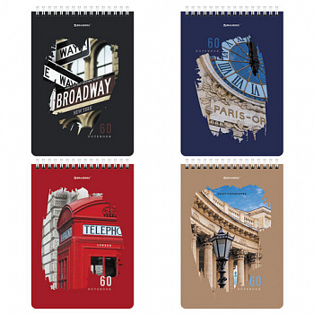 Блокнот А5 (146х206 мм), 60 л., гребень, картон, жесткая подложка, клетка, BRAUBERG, "Города"