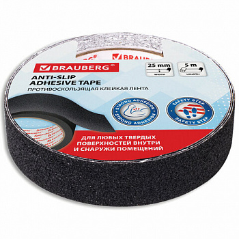 Клейкая ПРОТИВОСКОЛЬЗЯЩАЯ зернистая лента 25 мм х 5 м, ЧЕРНАЯ, основа ПВХ, BRAUBERG