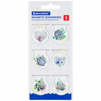 Закладки для книг МАГНИТНЫЕ, "FLOWERS", набор 6 шт., 32х28 мм, BRAUBERG