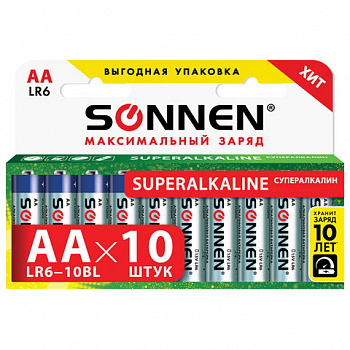 Батарейки КОМПЛЕКТ 10 шт., SONNEN Super Alkaline, АА (LR6,15А), алкалиновые, пальчиковые, в коробке