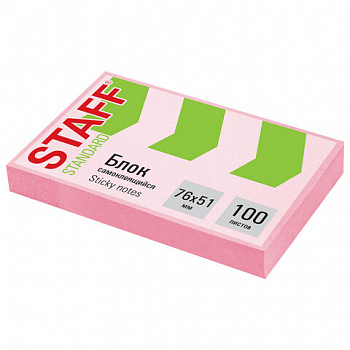 Блок самоклеящийся (стикеры) STAFF STANDARD, ПАСТЕЛЬНЫЙ 76х51 мм, розовый, 100 листов