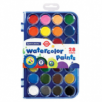 Краски акварельные BRAUBERG "PREMIUM" 28 цветов, круглые кюветы 28 мм, пенал