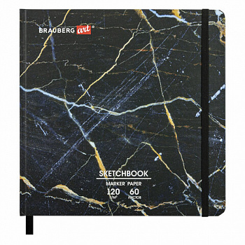 Скетчбук для маркеров 120 г/м2, 195х195 мм, 60 л., твердая обложка, резинка, BRAUBERG ART PREMIERE, "Мрамор"