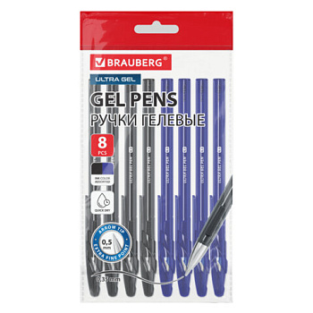Ручки гелевые BRAUBERG "ULTRA GEL", НАБОР 8 ШТУК (4 СИНИХ, 4 ЧЕРНЫХ), стандартный наконечник 0,5 мм, линия 0,35 мм