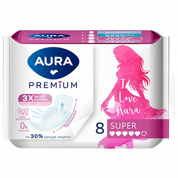 Прокладки женские гигиенические 8 шт., AURA Premium SUPER