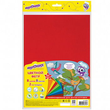 Цветной фетр МЯГКИЙ А4, 2 мм, 8 листов, 8 цветов, плотность 170 г/м2, ЮНЛАНДИЯ