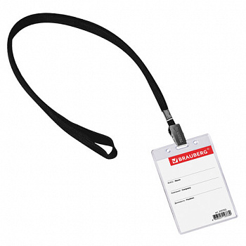 Бейдж вертикальный (90х60 мм), на черной ленте 45 см, BRAUBERG
