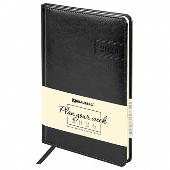 Еженедельник датированный 2026, А5, 145х215 мм, BRAUBERG "Imperial", под кожу, черный