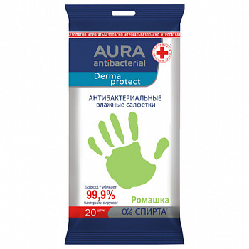 Салфетки влажные 20 шт., AURA, антибактериальные