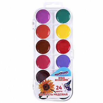 Краски акварельные ЮНЛАНДИЯ "ЮНЫЙ ВОЛШЕБНИК", медовые, 24 цвета, круглые кюветы, пластик