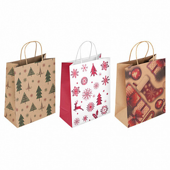 Пакет подарочный (1 штука) новогодний 26x13x32 см, "Kraft Winter Set", ассорти, ЗОЛОТАЯ СКАЗКА