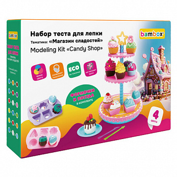Тесто пластилин для лепки BAMBOX (БАМБОКС), НАБОР "Магазин сладостей" с формочками и посудой