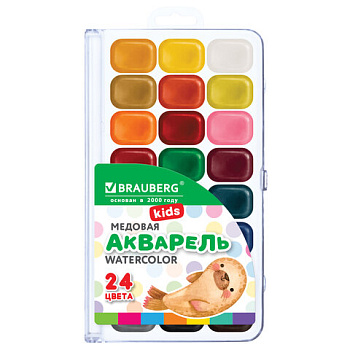 Краски акварельные BRAUBERG "KIDS NEW", медовые, 24 цвета, квадратные кюветы, пластиковый пенал
