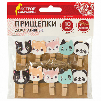 Прищепки декоративные "Забавные животные", 10 штук, 3,5 см, ассорти, со шпагатом, ОСТРОВ СОКРОВИЩ