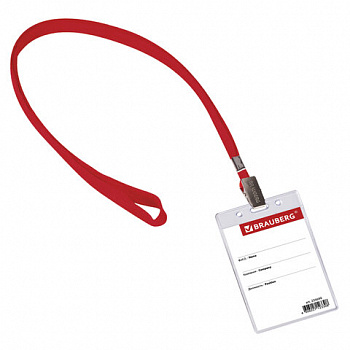 Бейдж вертикальный (90х60 мм), на красной ленте 45 см, BRAUBERG